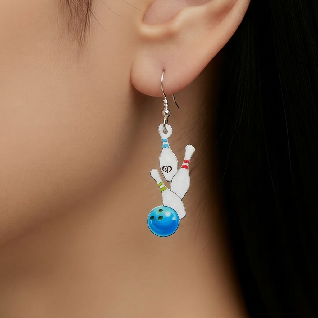 Bowling Ball & Pins Dangle Earrings White Acrylic Bowling Alley Fun Retro Sporty